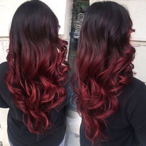 black-to-dark-red-long-curly-hair-how-to-do-ombre-hair-black-blouse-side-by-side-photos Red Hair Ombre, Ombre Hair Black, Ombre Hair Ideas, Bob Ombre, Brown Hairstyles, Red Ombre Hair, Hair Color Burgundy, Brown Hair With Blonde Highlights, Caramel Hair