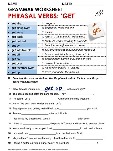 English Grammar Worksheet Phrasal Verbs with 'GET'… Phrasal Verbs With Up, Verbs In English, English Grammar Exercises, English Collocations, English Worksheet, English Exercises, Verb Worksheets, English Grammar Worksheets, Phrasal Verbs