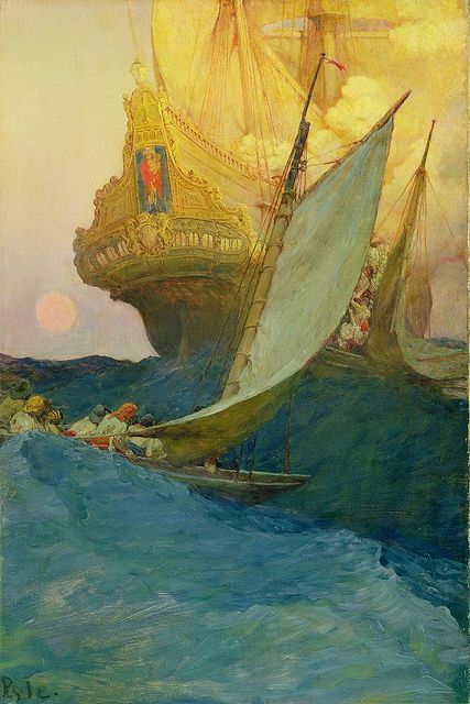 An Attack on a Galleon, 1905 Howard Pyle (1853-1911) Oil on canvas, 29 1/2 x 19 1/2 inches Delaware Art Museum, Museum Purchase, 1912 Nc Wyeth, N C Wyeth, Howard Pyle, Golden Age Of Illustration, American Illustration, Art Et Illustration, Arte Fantasy, Norman Rockwell, Hur Man Målar