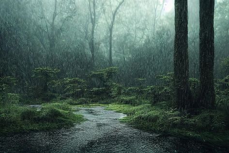 Thicket of the forest in the pouring rai... | Premium Photo #Freepik #photo #2d-game #2d-background #ground #park Rainy Path Aesthetic, Rainy Forest Photography, Forest Rain Wallpaper, Rainy Day In The Forest, Rainy Forest Road, 2d Background, Game 2d, Pouring Rain, Image Types