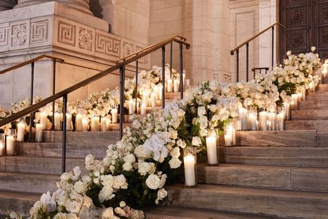 Library Weddings, Outdoor Staircase, Wedding Staircase, Luxury Reception, Flowers Candles, White Roses Wedding, Library Wedding, Cathedral Wedding, Wedding Luxury