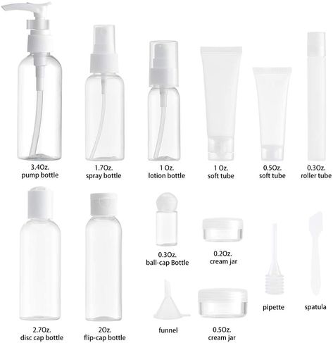 14 PCS Travel Bottle Set for Toiletries (Max. 3.4Oz) Travel Size Container, Holiday Dispenser for Liquid Cosmetic TSA (Clear, BPA Free) : Amazon.com.au: Clothing, Shoes & Accessories Travel Bottle Set, Free Amazon, Lotion Bottle, Travel Bottles, Travel Size, Spray Bottle, Travel Size Products, Reusable Water Bottle, Bpa Free