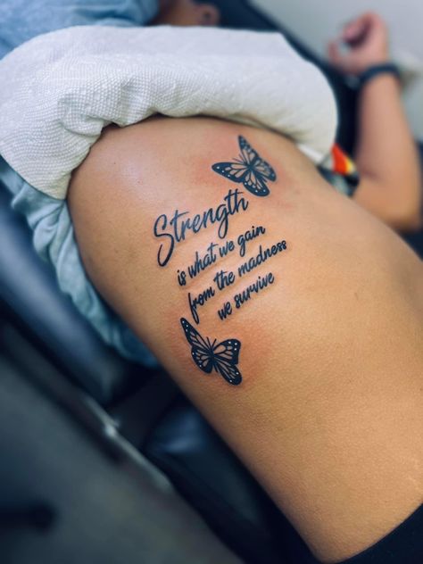 Thigh Tattoo Quotes, Cute Thigh Tattoos, Stomach Tattoos Women, Belly Tattoos, Hand Tattoos For Girls, Meaningful Tattoo Quotes, Cute Hand Tattoos, Pretty Hand Tattoos, Butterfly Tattoos For Women