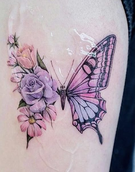 Flower Tattoos For Shoulder, Vibrant Butterfly Tattoo, Butterfly Flower Tattoo Color, Best Butterfly Tattoos For Women, Women's Forearm Tattoo Ideas, Flowers With Butterflies Tattoo, Roses Butterfly Tattoo, Butterfly With Flowers Tattoo For Women, Butterfly And Roses Tattoo