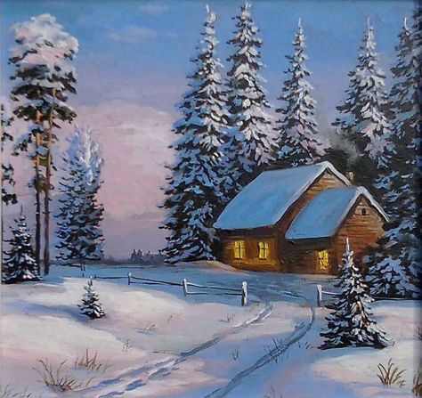 Winter Cabin Painting, Winter Scene Paintings, Arte Aesthetic, Colour Drawing, Winter Landscape Painting, Christmas Landscape, Christmas Scenery, Barn Painting, Painting Snow