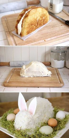 Easter Bunny Cake - Remember old-fashioned cutout cakes? This cute bunny is easily made and covered with mouthwatering coconut. Easter Centerpieces Diy, Diy Osterschmuck, Dinner Table Centerpieces, Easter Bunny Cake, Cupcakes Decorados, Easter Baking, Bunny Cake, Oreo Dessert, Easter Centerpieces