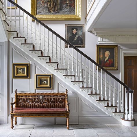 Lynne Stair Entry Hall Hudson Bay Veranda Plum Walls, Greek Revival Home, Hall Decor, Greek Revival, Entry Hall, White Rooms, Grand Entrance, Stair Railing, Staircase Design