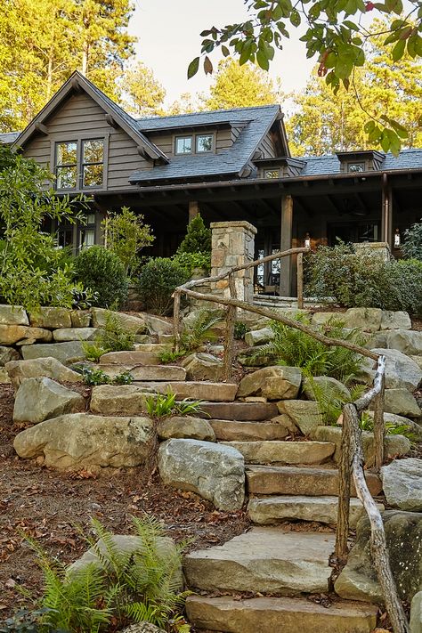 Stone Lake House - Home Bunch Interior Design Ideas Lake Landscaping, Stone Exterior Houses, Lake Houses Exterior, Sloped Backyard, Stone Steps, Garden Stairs, Landscaping Inspiration, Stone Stairs, Hillside Landscaping