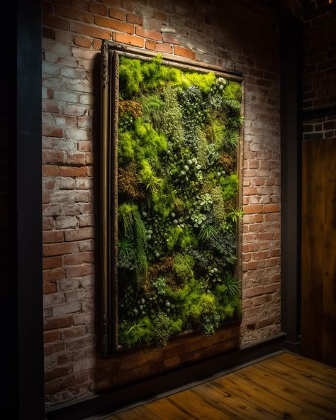 Moss and succulent wall decor, brick wall green plant wall decor, moss frame decor ideas Moss Wall Restaurant, Living Wall Restaurant, Brick Wall Plants Interior, Moss Brick Wall, Moss And Succulent Wall, Brick Wall Plants, Brick Wall With Plants, Salon Esthetics, Frame Decor Ideas