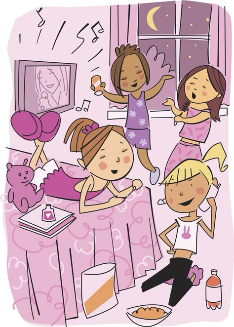 Slumber Party Illustration, Slumber Party Drawing, Movie Night Birthday, Girls Slumber Party, Night Birthday Party, Pyjamas Party, Movie Night Birthday Party, Pijama Party, Friends House