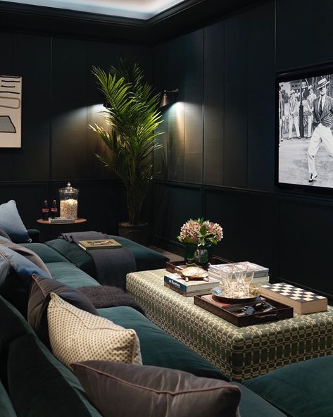 Contemporary Media Room, Dark Green Theater Room, Dark Entertainment Room, Dark Family Room Ideas, Media Room Bar Ideas, Moody Theater Room, Moody Movie Room, Black Media Room, Dark Tv Room