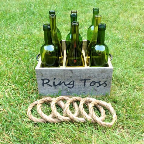 Ring toss wedding game as seen on @offbeatbride #wedding #glassclinking Ring Toss Wedding, Bottle Ring Toss, Wedding Drinking Games, Toss Game Diy, Bottle Game, Rustic Bridal Shower Games, Diy Outdoor Weddings, Game Diy, Ring Toss Game