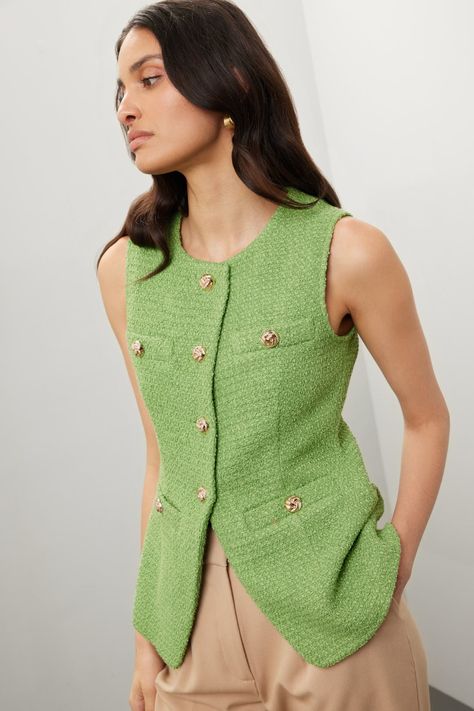 Endless Rose Tweed Buttoned Long Split Jacket Tweed Vest Outfit Women, Sleeveless Vest Outfit, Vest Top Outfits, Long Vest Outfit, Vest Outfit Women, Smart Outfits, Tweed Blazer Women, Business Girl, Tweed Vest