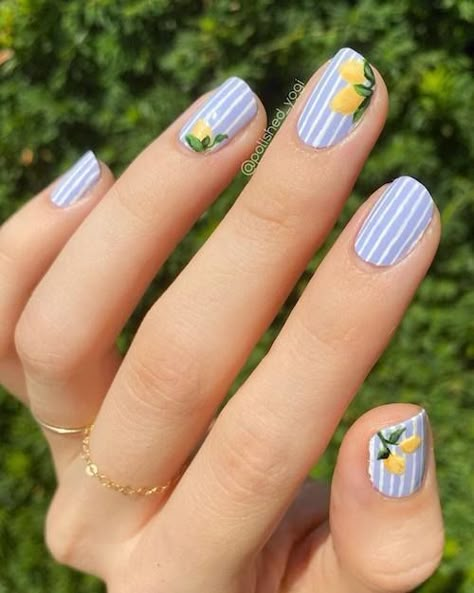 Fruit Nail Designs, Lemon Nails, Cute Summer Nail Designs, Tropical Nails, Cute Simple Nails, Summer Nail Designs, Striped Nails, Cute Gel Nails, Fancy Nails