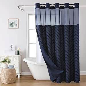 eachope Extra Long No Hook Tufted Chevron Striped Shower Curtain with Snap-in Fabric Liner set-71Wx86H(84H),Navy Blue Hotel Grade Boho Style Shower Curtain,Water Repellent Bathroom For Men, Navy Blue Shower Curtain, Striped Shower Curtain, Navy Shower Curtain, Farmhouse Contemporary, Gray Shower Curtains, Bathroom Features, Blue Shower Curtains, Spa Shower