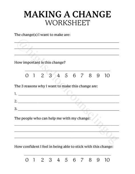 Teach students the stages of change with this handout and worksheet combo! I've included motivational interviewing questions and a worksheet for a student who is thinking about making behavioral change. Motivational Interviewing Techniques Therapy Worksheets, Stages Of Change Activities, Motivational Interviewing Activities, Motivational Therapy, Change Worksheet, Stages Of Change Worksheet, Stages Of Change, Motivational Interviewing Worksheets, Motivation Worksheet