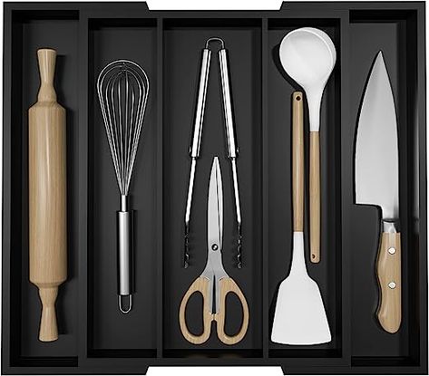 Amazon.com - Kitchen Utensil Organizer Silverware Tray - Bamboo Flatware Organizer Expandable 5 Slots Multipurpose Silverware Organizer for Office Storage Garage Organization W13.7"-19.9" x L17.6" X H2.5" (Black) - Storage Divider, Cooking Utensil Organization, Silverware Drawer Organizer, Bamboo Flatware, Utensil Drawer Organization, Flatware Holder, Silverware Drawer, Amazon Kitchen Finds, Fork Spoon Knife