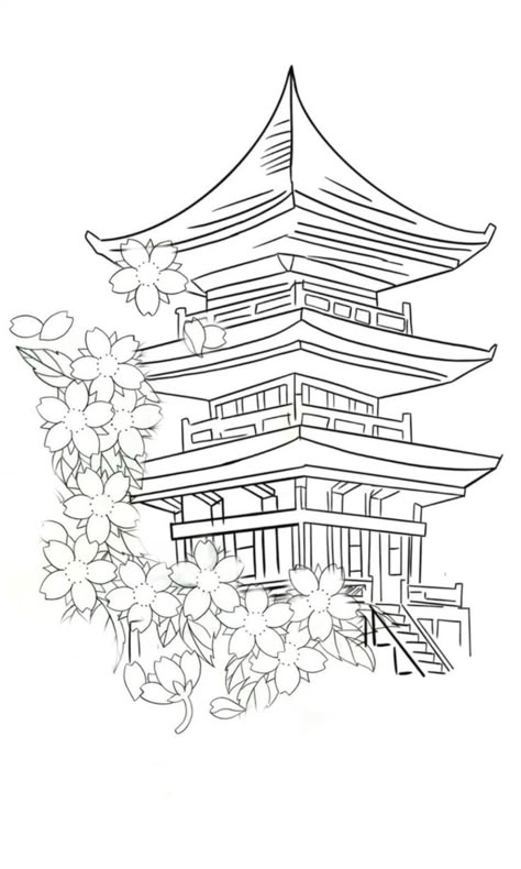 Japanese Tattoos Outlines, Chinese House Tattoo Design, Japanese Tower Tattoo Design, Japanese Pagoda Tattoo Design, Pagoda Tattoo Stencil, Chinese Design Tattoo, Japanese Temple Tattoo Stencil, Japanese Pagoda Drawing, Chinese Temple Tattoo