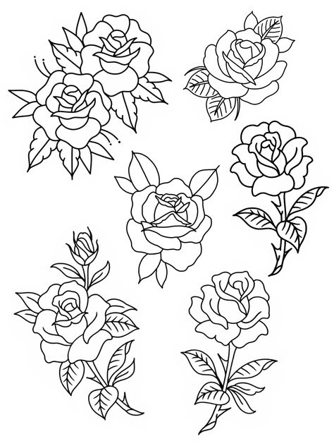 Traditional Rose Flash Sheet, American Traditional Rose Flash, Traditional Rose Tattoo Stencil, Rose Flash Sheet, Butterfly Flash Sheet, Simple Traditional Tattoo Outline, Rose Sketch Simple, Traditional Black Rose Tattoo, Traditional Rose Flash