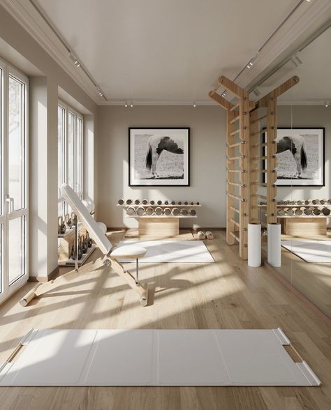 Indoor Gym Aesthetic, Luxury At Home Gym, Yoga Studio Cubbies, Home Gym With Pilates Reformer, Minimalist Gym Design, Private Fitness Studio, Private Yoga Studio, Home Hot Yoga Studio, At Home Gym Design