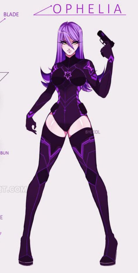 Super Hero Outfits Female, Female Hero Outfit Design, Hero Costume Designs Female, Black And Purple Superhero Suit Female, Anime Villain Outfit Design Female, Superhero Art Female, Villian Costumes Drawing, Goth Hero Costume, Female Villian Outfits Drawing