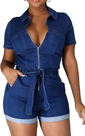 Jean Romper Outfit, Short Jumpsuit Outfit, Elegant Jeans, Short Sleeve Denim Jumpsuit, Shortalls Outfit, Denim Short Jumpsuit, Short Sleeve Denim, Rompers For Women, Jumpsuit For Women