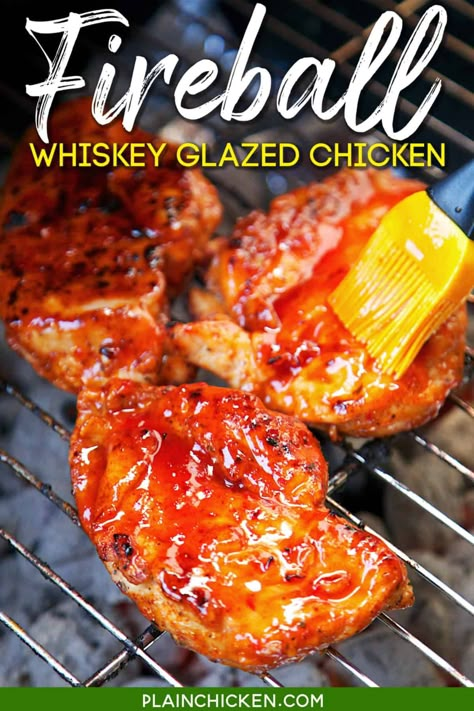 Fireball Whiskey Glazed Chicken - chicken basted with an amazing homemade Fireball BBQ sauce. Ketchup, red pepper jelly, vinegar, onion, garlic, cayenne pepper and Fireball Whiskey. This is SO good! I made this for a party and everyone raved about it! A new favorite! Can make the Fireball BBQ sauce ahead of time and refrigerate for later. We ate this 2 weeks in a row!! #bbqchicken #bbqsauce #fireballwhiskey #whiskey #grill Whiskey Recipes Food, Fireball Whiskey Recipes Desserts, Homemade Fireball, Fireball Whiskey Recipes, Whiskey Chicken, Fireball Recipes, Thanksgiving Diner, Whiskey Glaze, Blonde Brownies