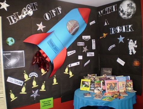 space display | ... karori west normal school has let us share her wonderful space display Rocket Preschool, Space Bulletin Boards, Space Theme Classroom, Read A Thon, Reading Display, Space Classroom, Library Themes, Library Book Displays, Class Displays