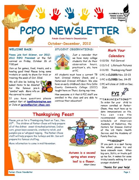 gparent newsletters for preschooers | PCPO October-December 2012 Newsletter Childcare Newsletter Ideas, Prek Newsletter, Educational Newsletter, Documentation Ideas, Learning Stories Examples, September Preschool, Newsletter Examples, Early Childhood Education Programs, Preschool Newsletter