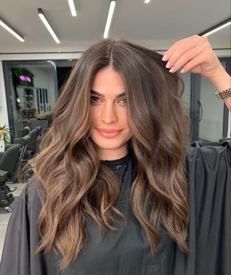 Chocolate Brown Hair With Subtle Highlights, Natural Brown Hair With Dimension, Light Brown Hair Balayage Brunettes, Low Light Brown Hair, Neutral Balayage Brunettes, Natural Bayalage Brunette, Brunette Hair Dimension, Light Brown Babylights, Low Lights For Brown Hair Caramel