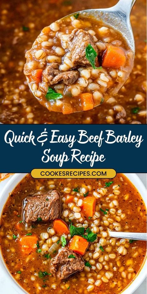 Hearty Beef Barley Soup, Ground Beef Barley Soup Recipes, Beef Barley Soup In Crockpot, Easy Beef Barley Soup, Crockpot Beef Barley Soup, Easy Soup Recipes Quick, Vegetable Beef Barley Soup, Barley Soup Recipe, Barley Recipe