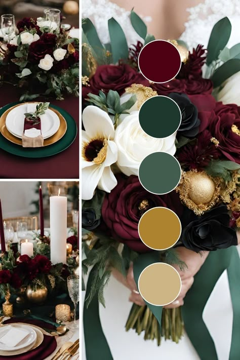 Deep Green Wedding Color Palette, Burgundy Hunter Green Wedding, Burgundy Emerald And Gold Wedding, Fall Wedding Color Schemes Green, Fall Wedding Hunter Green, Emerald Green And Wine Red Wedding Theme, Winter Wedding Schemes, Emerald Green Burgundy Gold Wedding, Hunter Green Wedding Decor