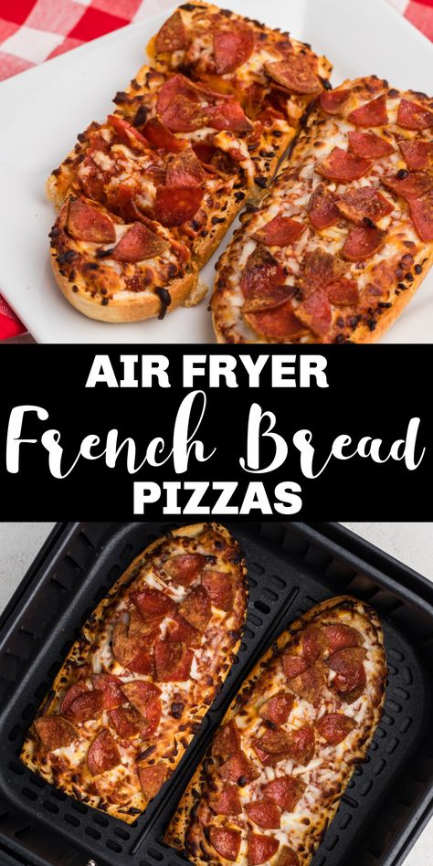 Crunchy French bread, zesty marinara sauce, and bubbly melted cheese, these air fryer french bread pizzas are sure to be a hit with the whole family! They are incredibly delicious and so easy to make. Simply choose your favorite style of French bread pizza, pop it in the air fryer for a few minutes, and you'll have a fantastic lunch or a savory weeknight dinner in no time at all. Airfryer French Bread Pizza, French Bread Pizza In Air Fryer, Air Fryer Recipes Snacks, French Bread Pizza, Healthy Meals For One, Air Fryer Cooking Times, Cooks Air Fryer, Air Fried Food, Air Fryer Oven Recipes