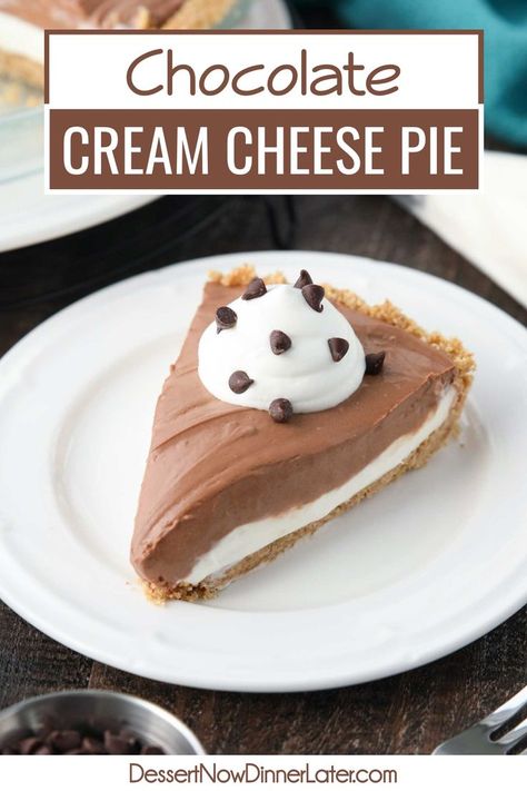 This Chocolate Cream Cheese Pie is completely no-bake with a graham cracker crust and layers of vanilla and chocolate cheesecake. So creamy and easy to make! Chocolate Pudding Pie With Cream Cheese Cool Whip, Chocolate Cream Cheese Pie No Bake, Chocolate Pudding Pie With Cream Cheese, Easy Pies To Make With Graham Cracker Crust, Chocolate Cream Pie Graham Cracker Crust, Chocolate Pie With Cream Cheese, Chocolate Pudding Pie Graham Crust, Easy Pie With Graham Cracker Crust, Keebler Graham Cracker Crust Recipes