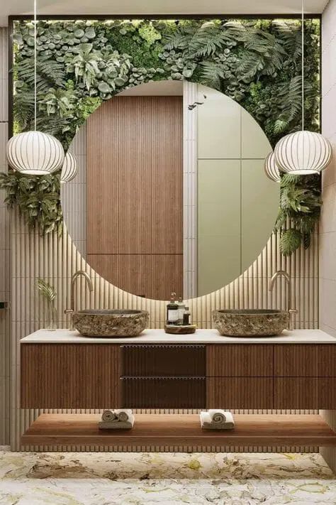 Bathroom With Plants, Organic Bathroom, Luxurious Bathrooms, Bathrooms Design, Wallpapers Black, Tropical Bathroom, Restroom Design, Framed Mirrors, Washroom Design