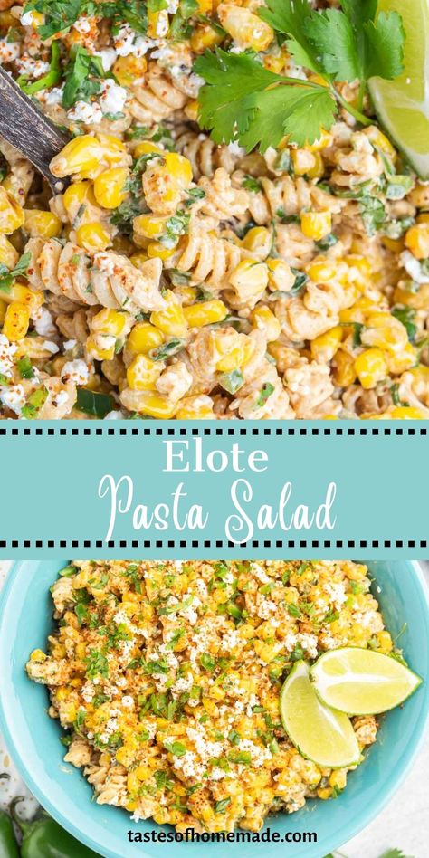 The flavors of Mexican street corn in a delicious pasta salad. This elote pasta salad has all the components of traditional Mexican street corn mixed with tender pasta for the perfect summer side dish.   With jalapeno, cilantro, and cotija cheese, it's made with simple ingredients and homemade creamy mayo dressing, this easy recipe comes together quickly and makes a large batch.  Perfect for your next BBQ or potluck. Street Corn Elote Pasta Salad, Pasta Street Corn Salad, Elote Salad Allrecipes, Best Side Dishes For Parties, Creamy Mexican Street Corn Pasta Salad, Street Corn Pasta Salad Recipes, Street Corn Pasta Salad Ditalini, Elite Corn Pasta Salad, Elotes Pasta Salad