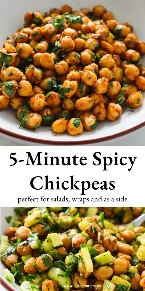 Spicy chickpeas recipe - a tasty healthy side dish! Ready in 5 minutes this easy chickpea recipe is made with canned garbanzo beans, is gluten free vegan and will be great for weekly vegan meal prep! Chickpea Snacks Healthy, Spicy Chickpeas Recipes, Spicy Garbanzo Beans, Cooked Garbanzo Beans, Chickpea Recipes Side Dish, Quick Chickpea Lunch, Chick Pea Chili, Rice And Garbanzo Beans, Sauteed Garbanzo Beans