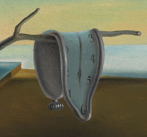 Melting clock in Salvador Dali's painting, "The Persistence of Memory" Dali Clock Drawing, Salvador Dali Melting Clocks, Melting Clock Aesthetic, Dali Surrealism Art, Melting Clock Art, Melting Clock Painting, Melting Clock Drawing, Clock Art Painting, Clock Painting Ideas