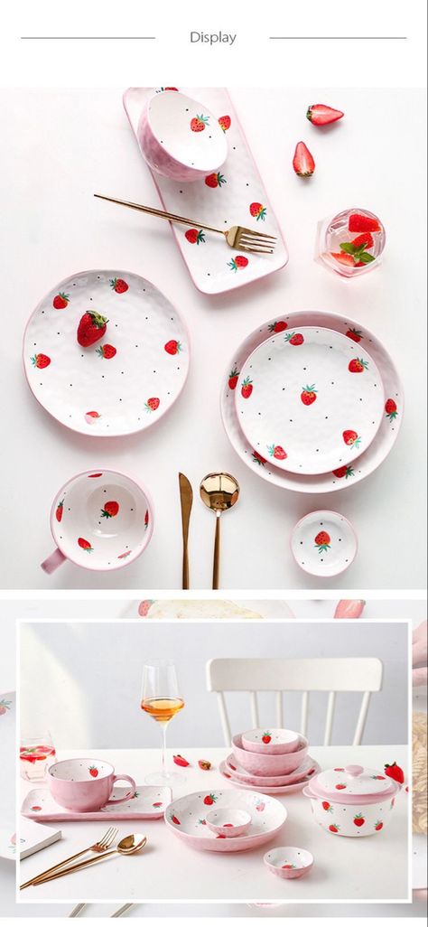 Cute Kitchen Wear, Pottery Painting Strawberries, Strawberry Bowl Ceramic, Cute Kitchen Stuff, Cute Plates And Bowls Set, Strawberry Home Decor, Cute Dishes Sets, Strawberry Ceramics, Ceramic Bowl Designs