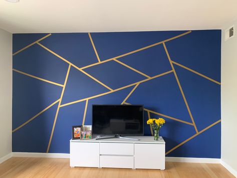 Sherwin williams - Indigo Shades Of Blue Accent Wall, Blue Gold Accent Wall, Royal Blue Accent Wall, Room Interior Colour, Royal Blue Walls, Gold Accent Wall, Bedroom Inspiration Cozy, Geometric Wall Paint, Wall Painting Ideas