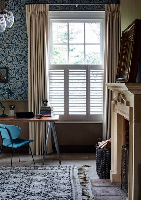 Half Shutters Interior Window, Window Shutters Uk, Shutters In Bedroom, Grey Shutters, Shutters With Curtains, Cafe Shutters, Cafe Style Shutters, Aesthetic Home Decor Ideas, Shutter Ideas