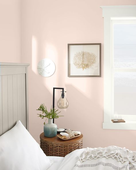 Dusty Rose Wall Color, Seaside Villa Behr Paint, Behr Seaside Villa, Pink Paint Colors Behr, Peachy Pink Paint Color, Sea Salt Sherwin Williams Bedroom, Girls Room Paint Colors, Light Pink Bedrooms, Light Pink Paint