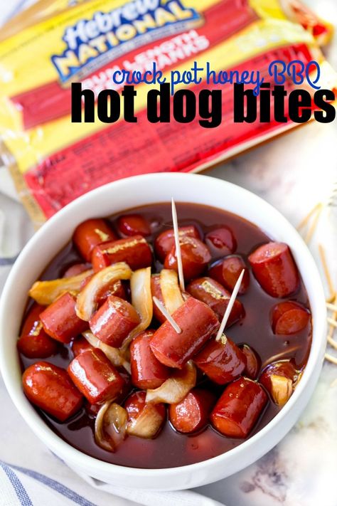 CROCK POT HONEY BBQ HOT DOG BITES ARE AN EASY APPETIZER RECIPE THAT CAN BE MADE WITH SIMPLE INGREDIENTS FROM YOUR PANTRY! THEY’RE GREAT FOR ENTERTAINING FRIENDS! #HebrewNational #ad Hot Dog Bites, Bbq Hot Dogs, Bbq Bites, Party Munchies, Hot Dog Appetizers, Crockpot Foods, Ground Beef Breakfast, Tailgating Ideas, Crockpot Appetizers