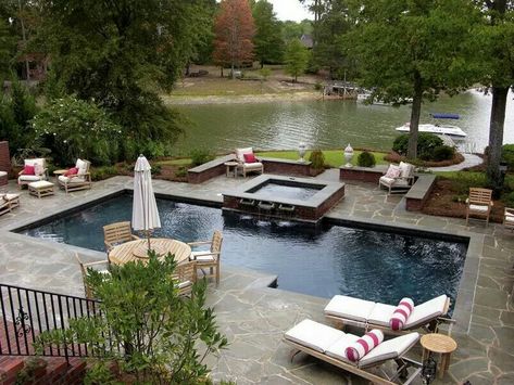 Pool area by a lake Hot Tub Deck Design, Outdoor Spas Hot Tubs, Hot Tub Designs, Living Pool, Outdoor Bathtub, Hot Tub Deck, Residential Pool, Hot Tub Garden, Gunite Pool