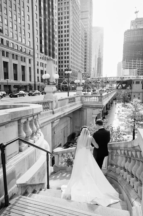 Chicago Wedding Aesthetic, Chicago Riverwalk Wedding Photos, City Hall Wedding Chicago, Downtown Chicago Wedding Photos, Chicago City Hall Wedding Photos, City Wedding Party Photos, Chicago Winter Engagement Photos, Chicago City Hall Elopement, Wedding In The City