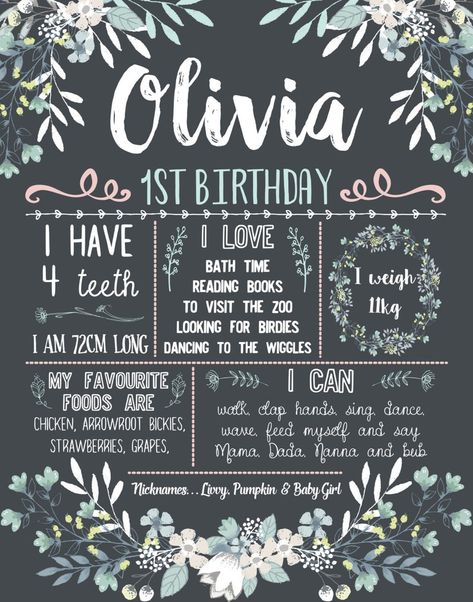 Birthday Poster Diy, Pastel Green And Pink, First Birthday Board, 1st Birthday Party For Girls, Milestone Board, First Birthday Chalkboard, Chalkboard Poster, Chalkboard Poster Birthday, Poster Girl