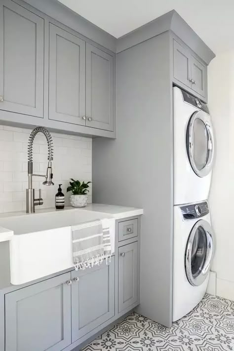 Small Contemporary Laundry Room, Subway Tile Laundry Room, Laundry Storage Ideas, Metro White, Grey Laundry Rooms, Small Utility Room, Stacked Laundry Room, Laundry Room Storage Ideas, Utility Room Ideas