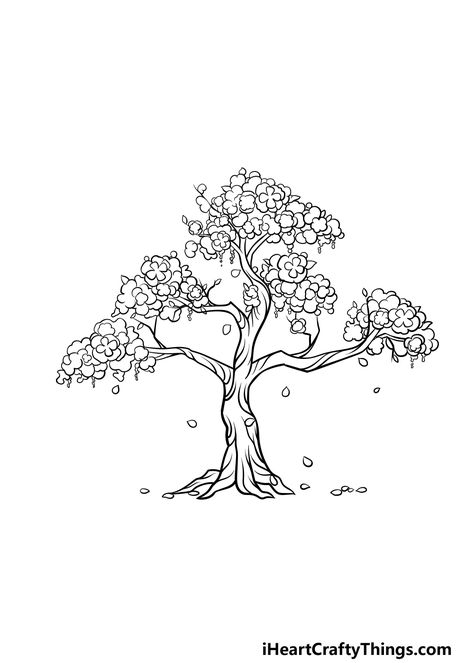 Japanese Cherry Tree Drawing, Blossom Trees Drawing, Cartoon Cherry Blossom Tree, Cherry Tree Drawing Easy, Blossom Tree Drawing Easy, Cherry Blossom Tree Outline, Sakura Tree Sketch, Cherry Blossom Drawing Easy, Cherry Blossom Drawing Tree