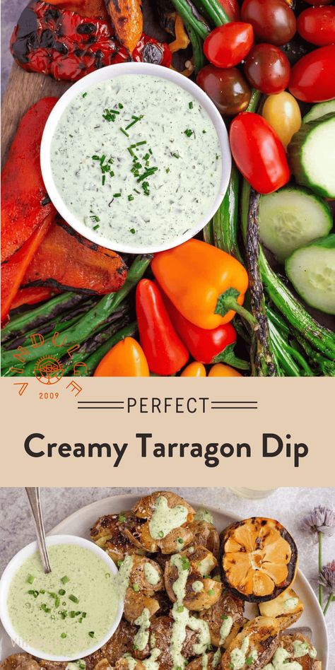 A creamy blend of fresh tarragon, herbs, sour cream and Greek yogurt for a dense and delicious dipping sauce. Perfect on a variety of dishes. Tarragon Recipes, Tarragon Sauce, Vegetable Tacos, Vegan Bbq Recipes, Vegetable Dip, Vegetable Platter, Vegan Bbq, Best Vegetarian Recipes, Veggie Dip