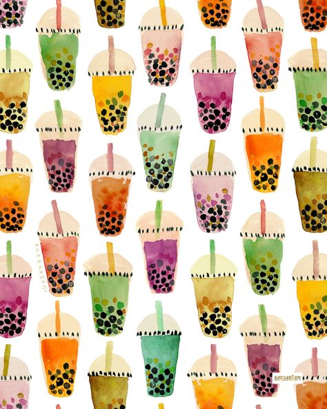 BOBRA’S BOBA TEA – BARBARIAN by Barbra Ignatiev | Bold colorful art Boba Tea Background, Boba Tea Watercolor, Boba Graphic Design, Kawaii Boba Tea Wallpaper, Fresh Boba Tea Art, Barbra Ignatiev, Teen Wallpaper, Tea Places, Bubble Milk Tea